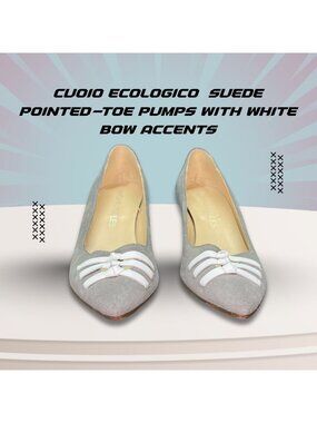 Cuoio Ecologico Gray Suede Pointed-Toe Pumps With White Bow Accents
